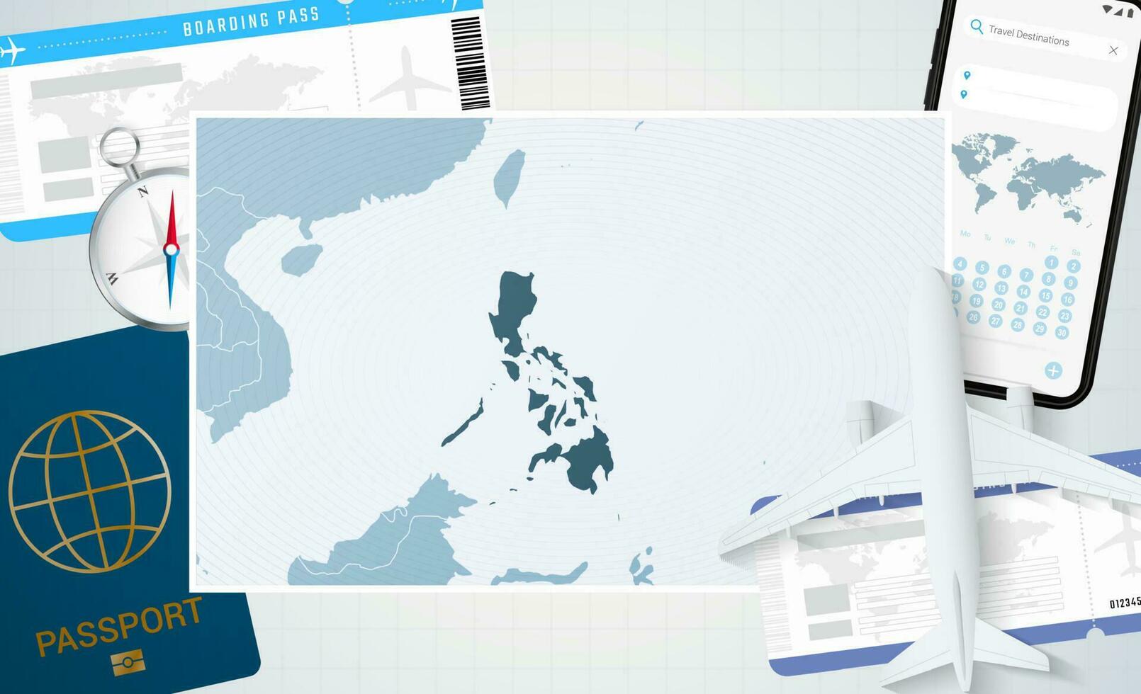 Journey to Philippines, illustration with a map of Philippines. Background with airplane, cell phone, passport, compass and tickets. vector