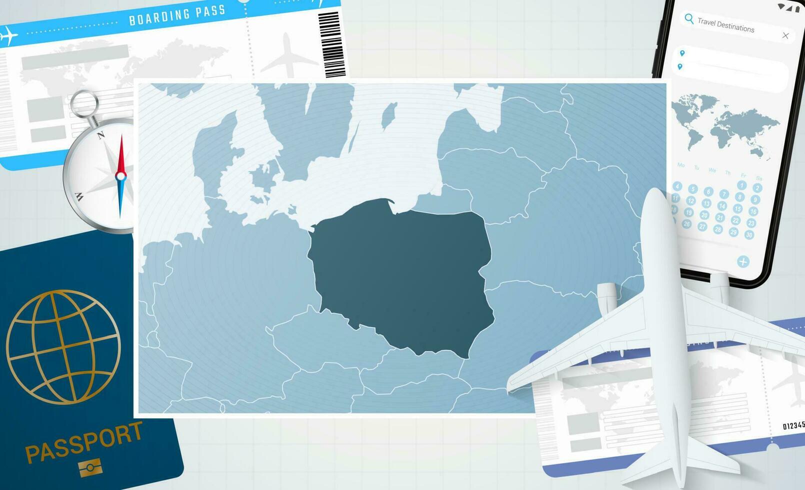 viaje a Polonia, ilustración con un mapa de Polonia. antecedentes con avión, célula teléfono, pasaporte, Brújula y Entradas. vector