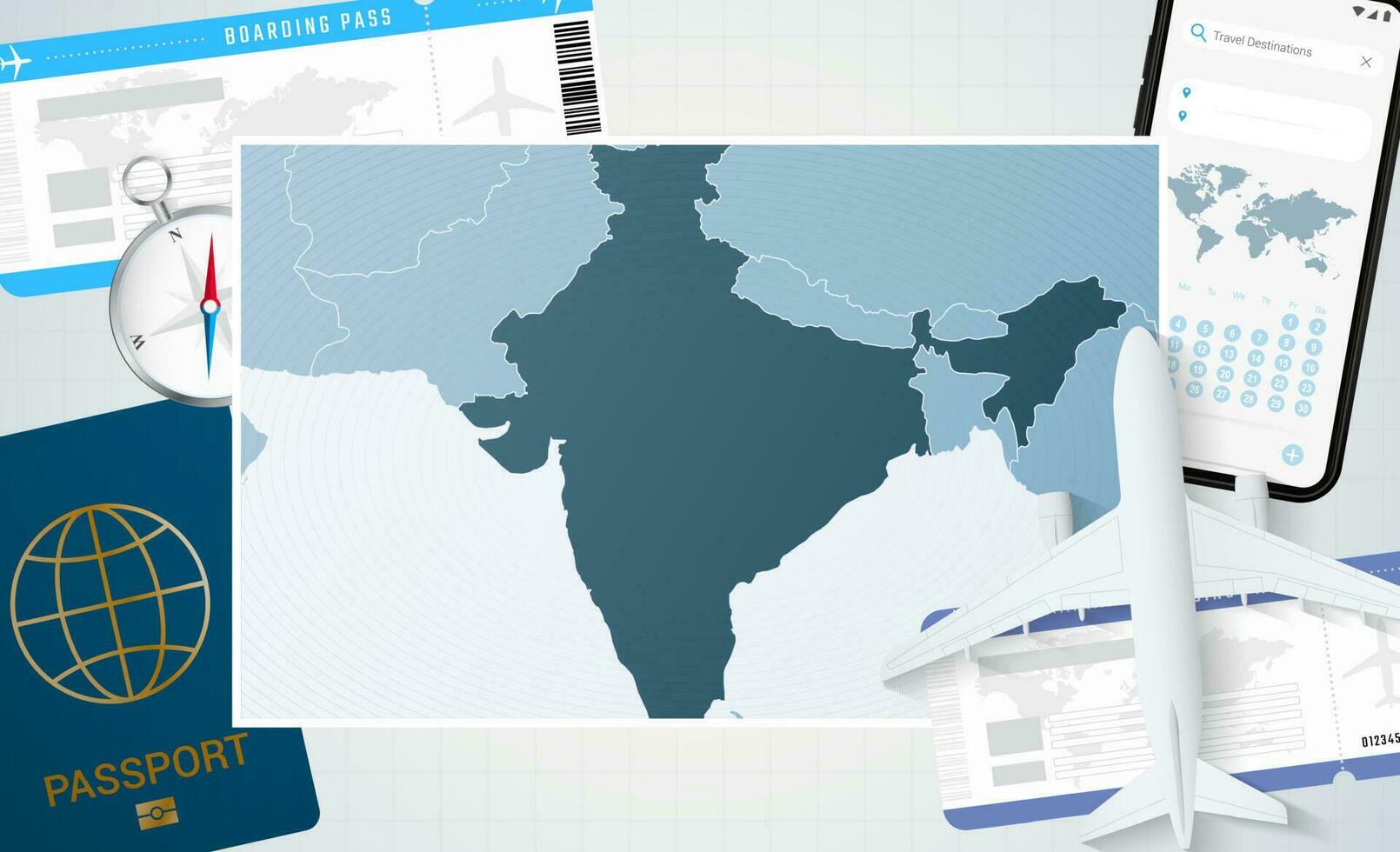 viaje a India, ilustración con un mapa de India. antecedentes con avión, célula teléfono, pasaporte, Brújula y Entradas. vector