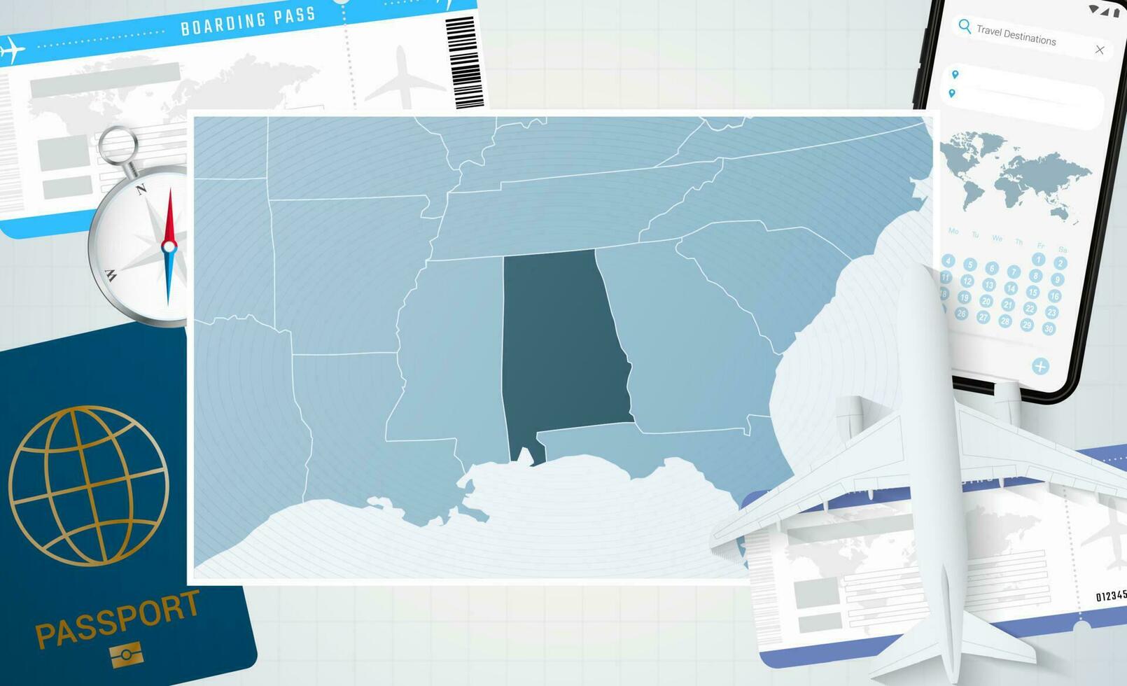 Journey to Alabama, illustration with a map of Alabama. Background with airplane, cell phone, passport, compass and tickets. vector