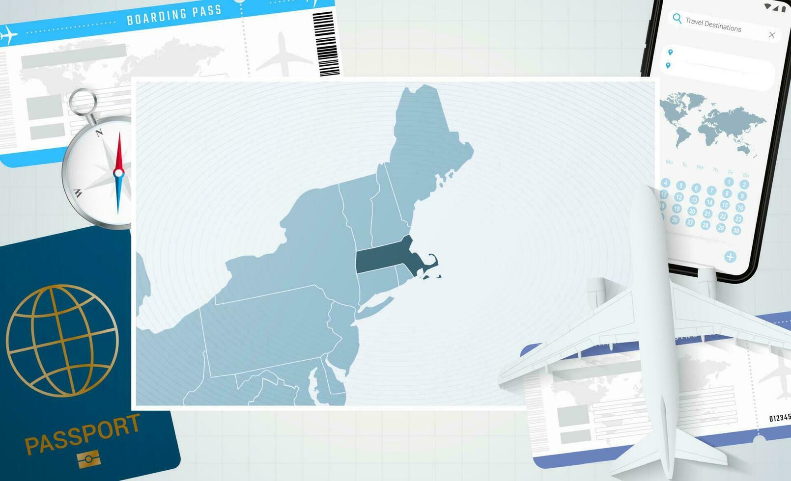 viaje a Massachusetts, ilustración con un mapa de Massachusetts. antecedentes con avión, célula teléfono, pasaporte, Brújula y Entradas. vector