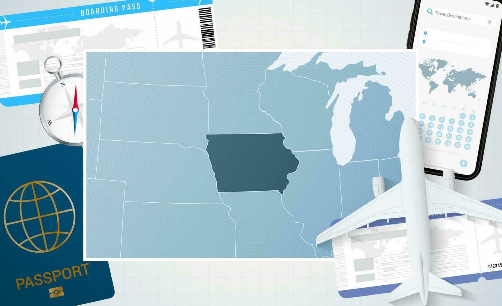 Journey to Iowa, illustration with a map of Iowa. Background with airplane, cell phone, passport, compass and tickets. vector