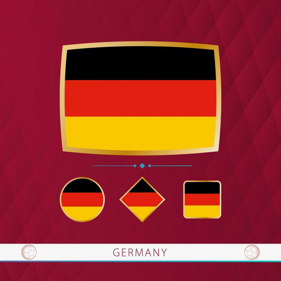 Set of Germany flags with gold frame for use at sporting events on a burgundy abstract background. vector