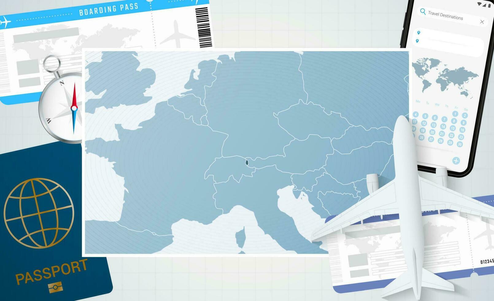 Journey to Liechtenstein, illustration with a map of Liechtenstein. Background with airplane, cell phone, passport, compass and tickets. vector
