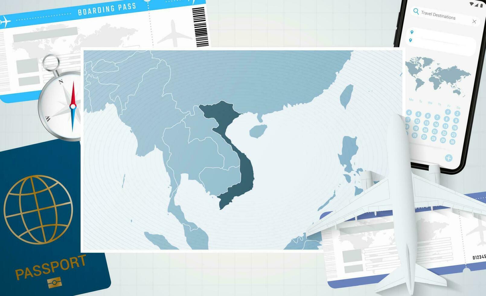 Journey to Vietnam, illustration with a map of Vietnam. Background with airplane, cell phone, passport, compass and tickets. vector