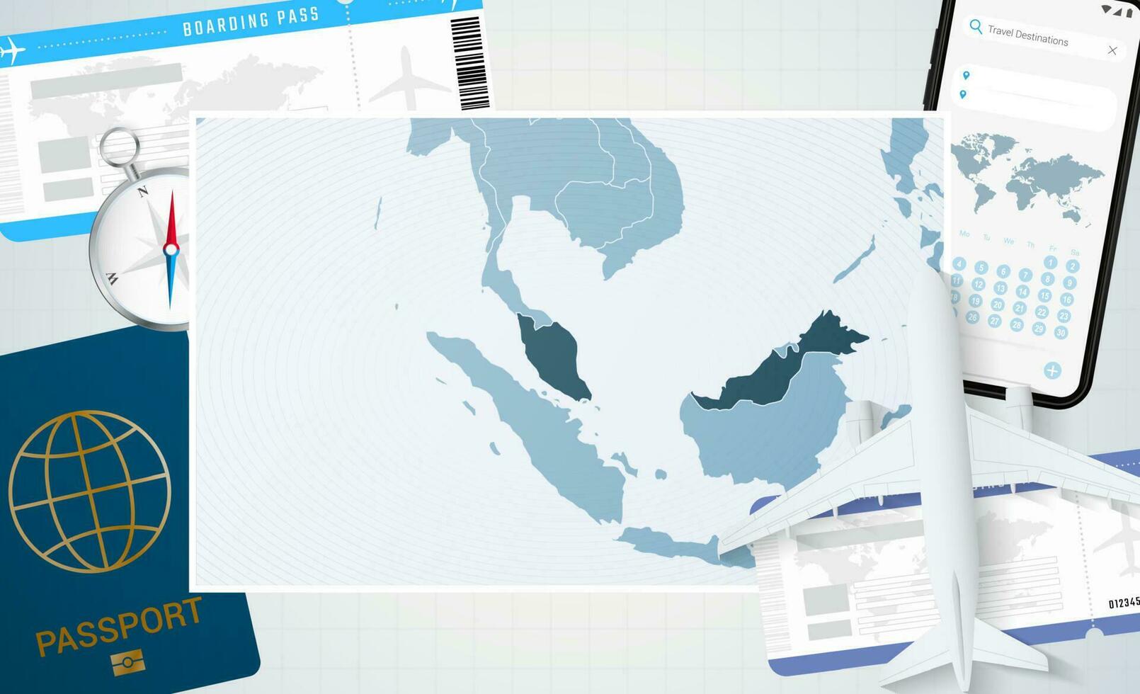 Journey to Malaysia, illustration with a map of Malaysia. Background with airplane, cell phone, passport, compass and tickets. vector