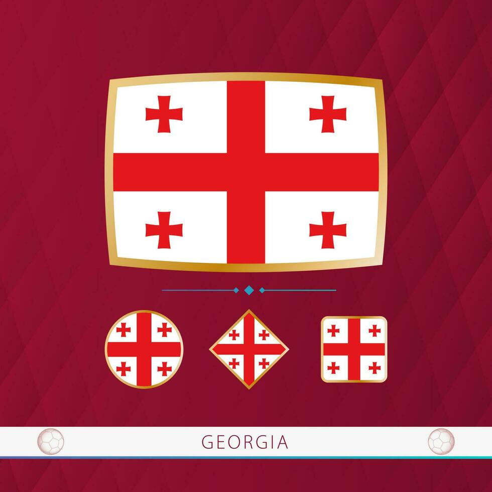 Set of Georgia flags with gold frame for use at sporting events on a burgundy abstract background. vector