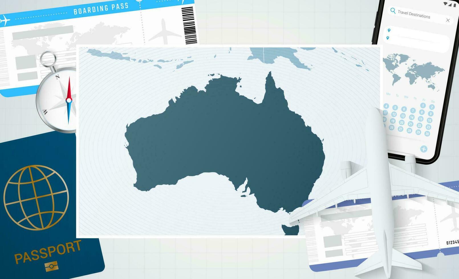 Journey to Australia, illustration with a map of Australia. Background with airplane, cell phone, passport, compass and tickets. vector