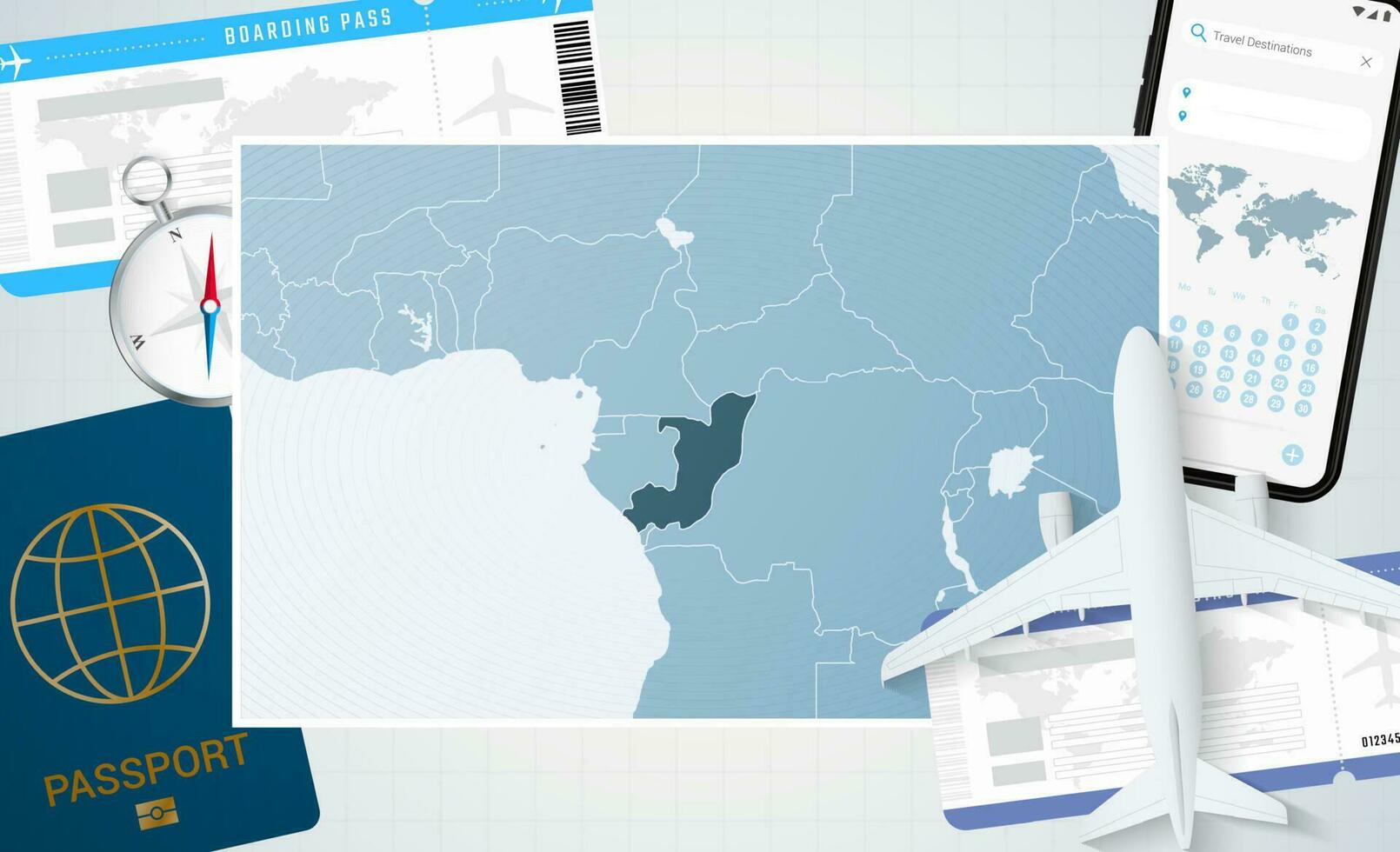 Journey to Congo, illustration with a map of Congo. Background with airplane, cell phone, passport, compass and tickets. vector