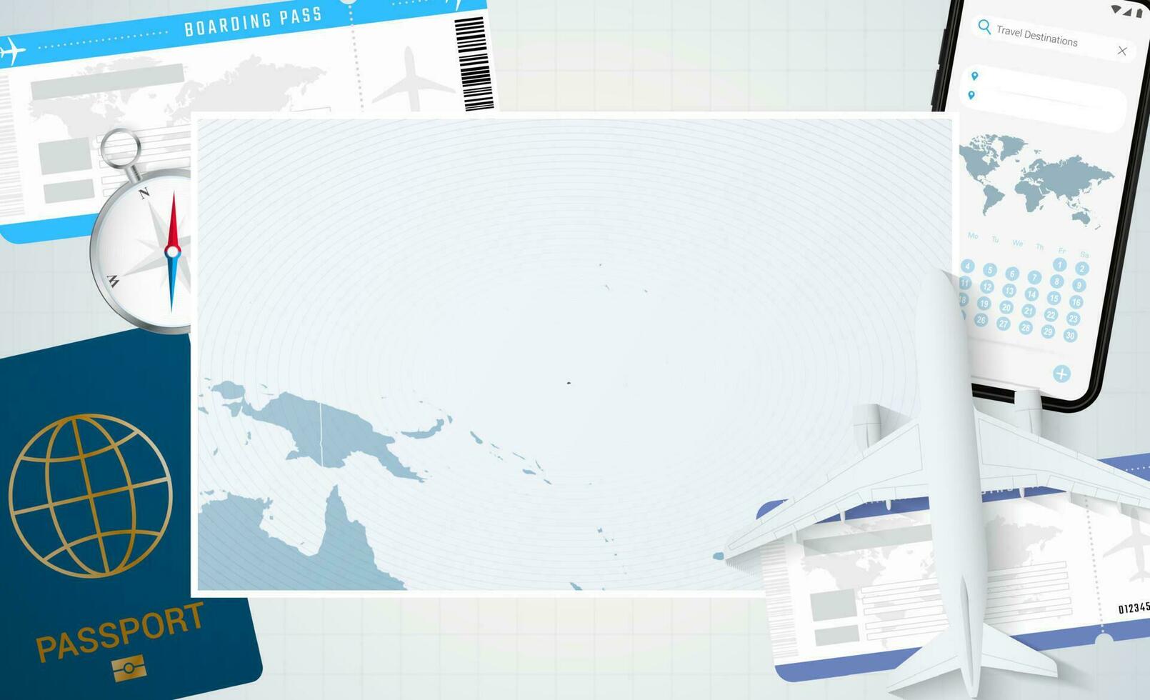 viaje a nauru, ilustración con un mapa de nauru antecedentes con avión, célula teléfono, pasaporte, Brújula y Entradas. vector
