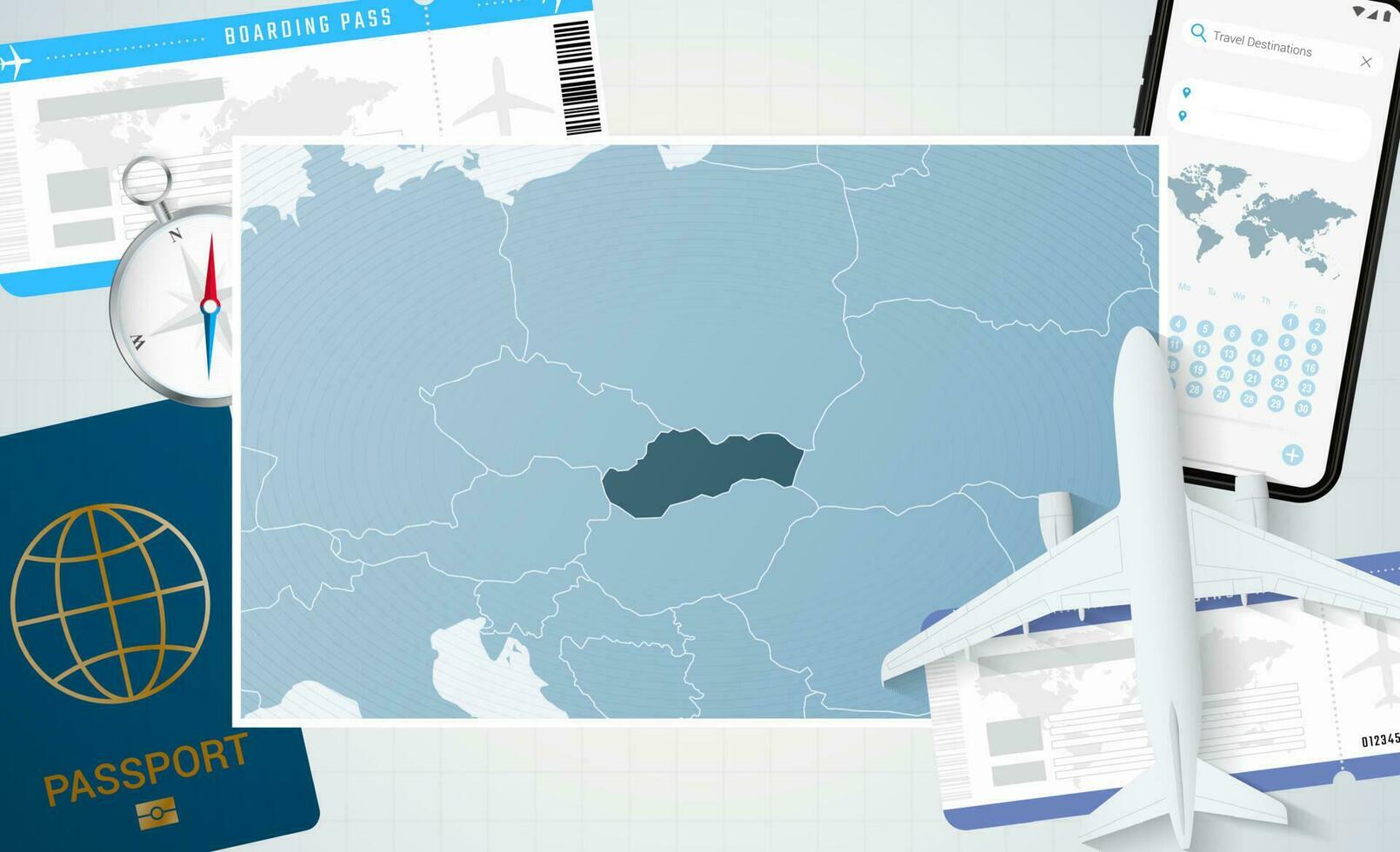 viaje a Eslovaquia, ilustración con un mapa de Eslovaquia. antecedentes con avión, célula teléfono, pasaporte, Brújula y Entradas. vector