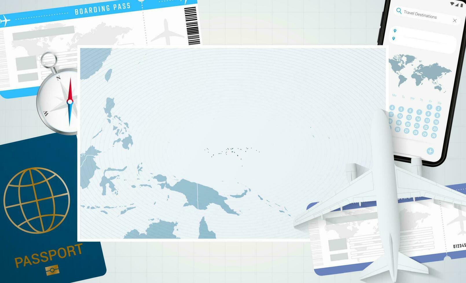 Journey to Micronesia, illustration with a map of Micronesia. Background with airplane, cell phone, passport, compass and tickets. vector