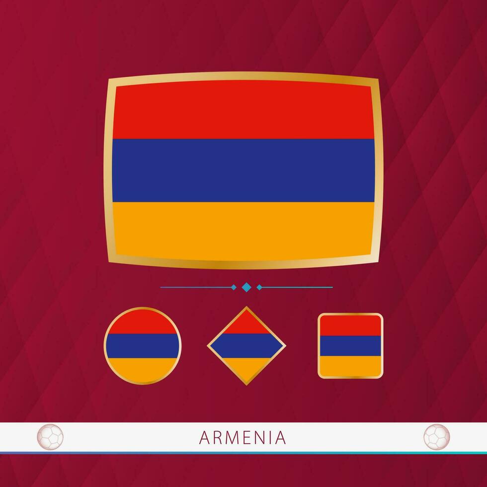 conjunto de Armenia banderas con oro marco para utilizar a deportivo eventos en un borgoña resumen antecedentes. vector