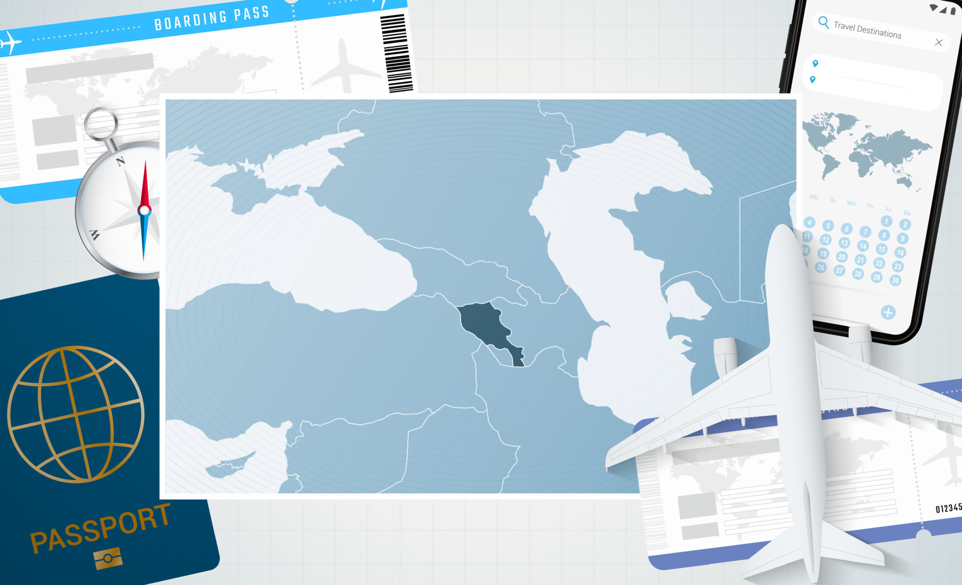 Journey to Armenia, illustration with a map of Armenia. Background with ...