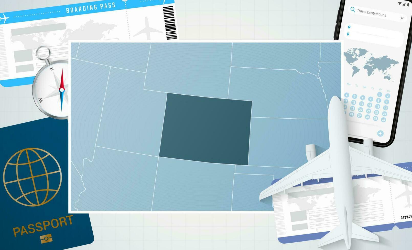 viaje a Colorado, ilustración con un mapa de Colorado. antecedentes con avión, célula teléfono, pasaporte, Brújula y Entradas. vector