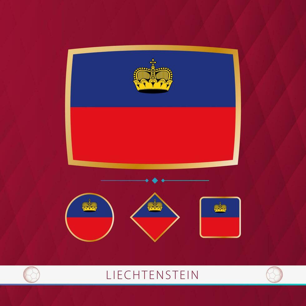 Set of Liechtenstein flags with gold frame for use at sporting events on a burgundy abstract background. vector
