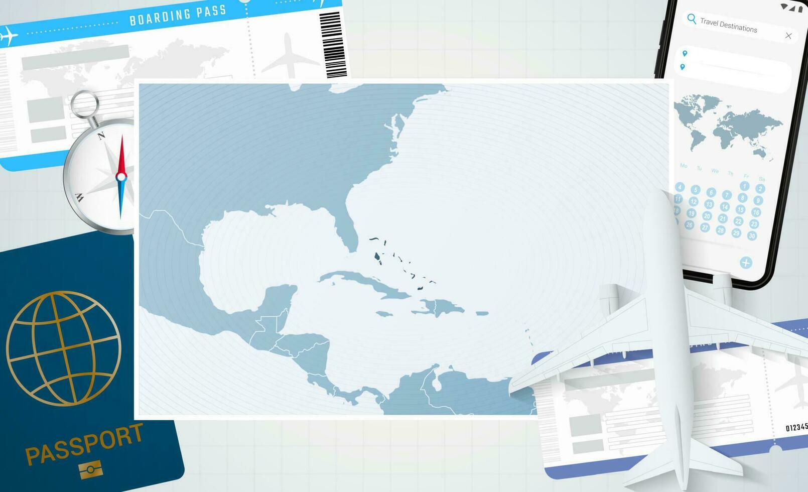 viaje a el bahamas, ilustración con un mapa de el bahamas antecedentes con avión, célula teléfono, pasaporte, Brújula y Entradas. vector