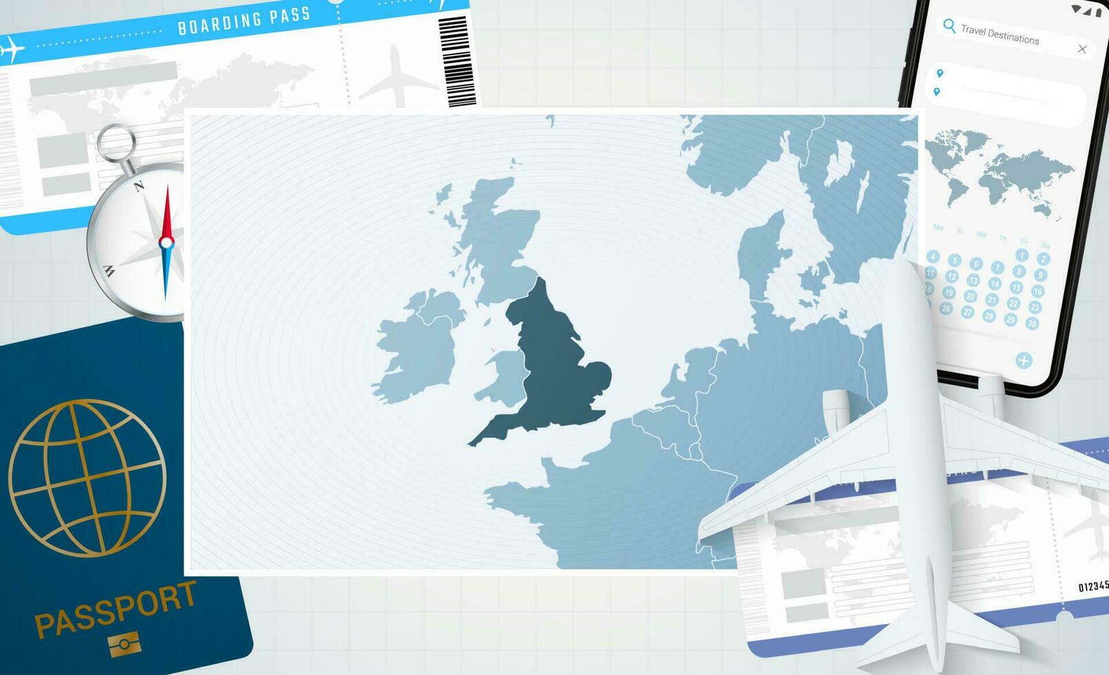 viaje a Inglaterra, ilustración con un mapa de Inglaterra. antecedentes con avión, célula teléfono, pasaporte, Brújula y Entradas. vector