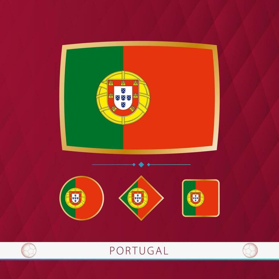 Set of Portugal flags with gold frame for use at sporting events on a burgundy abstract background. vector