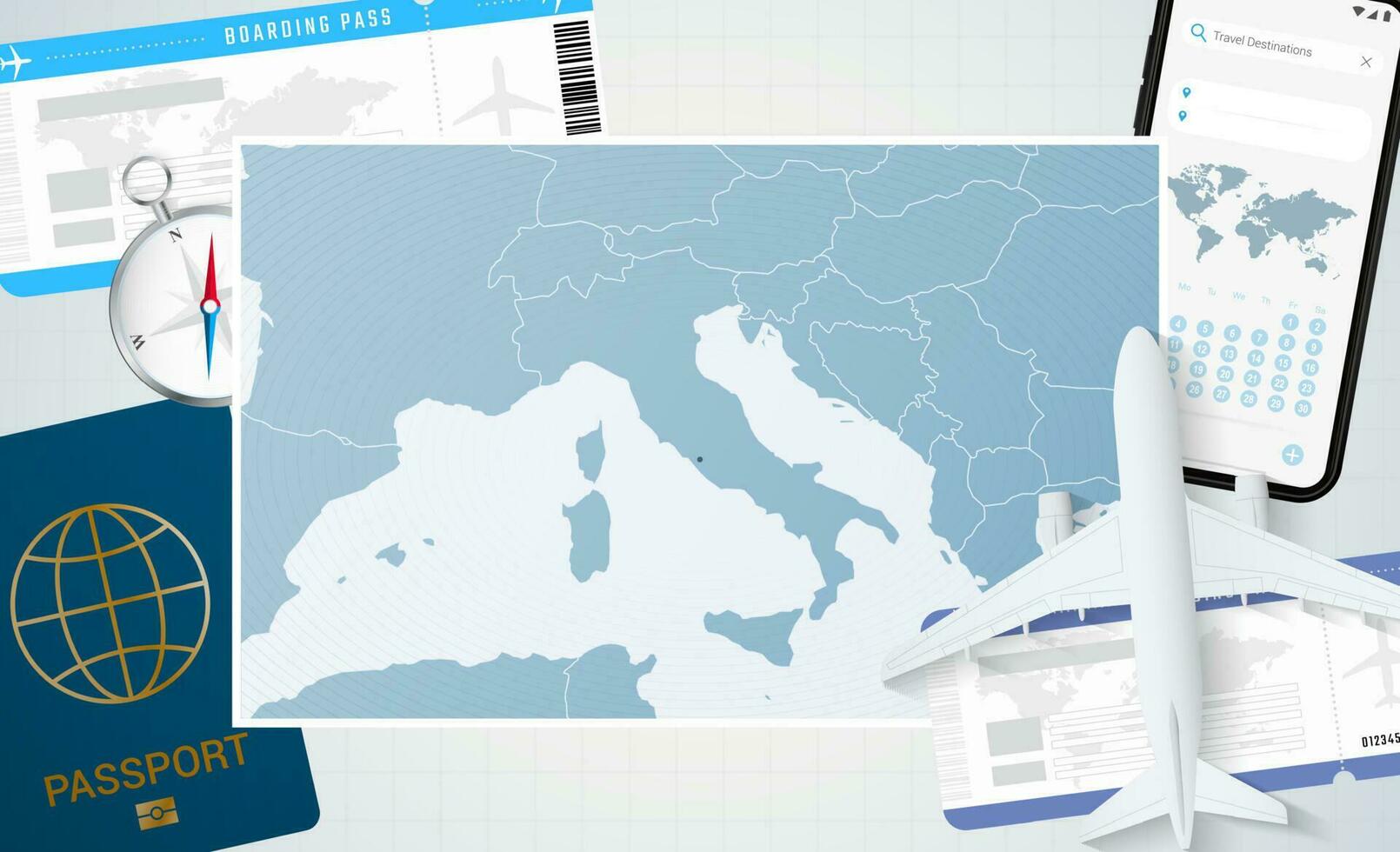 viaje a Vaticano ciudad, ilustración con un mapa de Vaticano ciudad. antecedentes con avión, célula teléfono, pasaporte, Brújula y Entradas. vector