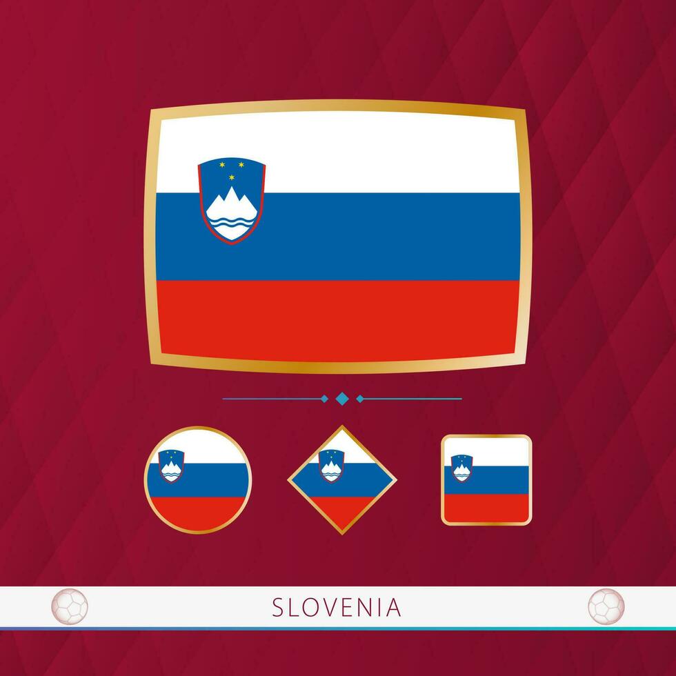 Set of Slovenia flags with gold frame for use at sporting events on a burgundy abstract background. vector