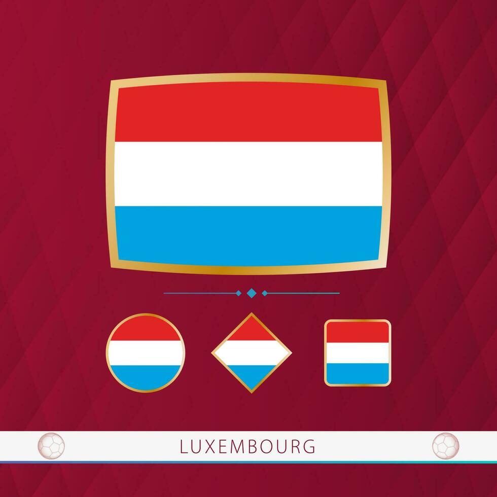 Set of Luxembourg flags with gold frame for use at sporting events on a burgundy abstract background. vector