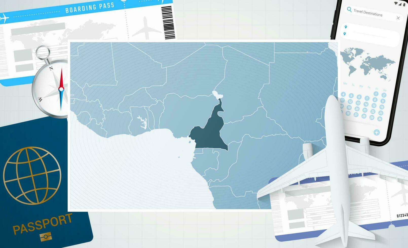 Journey to Cameroon, illustration with a map of Cameroon. Background with airplane, cell phone, passport, compass and tickets. vector