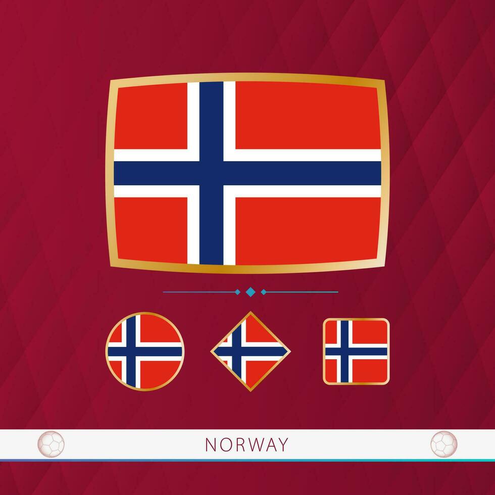 conjunto de Noruega banderas con oro marco para utilizar a deportivo eventos en un borgoña resumen antecedentes. vector