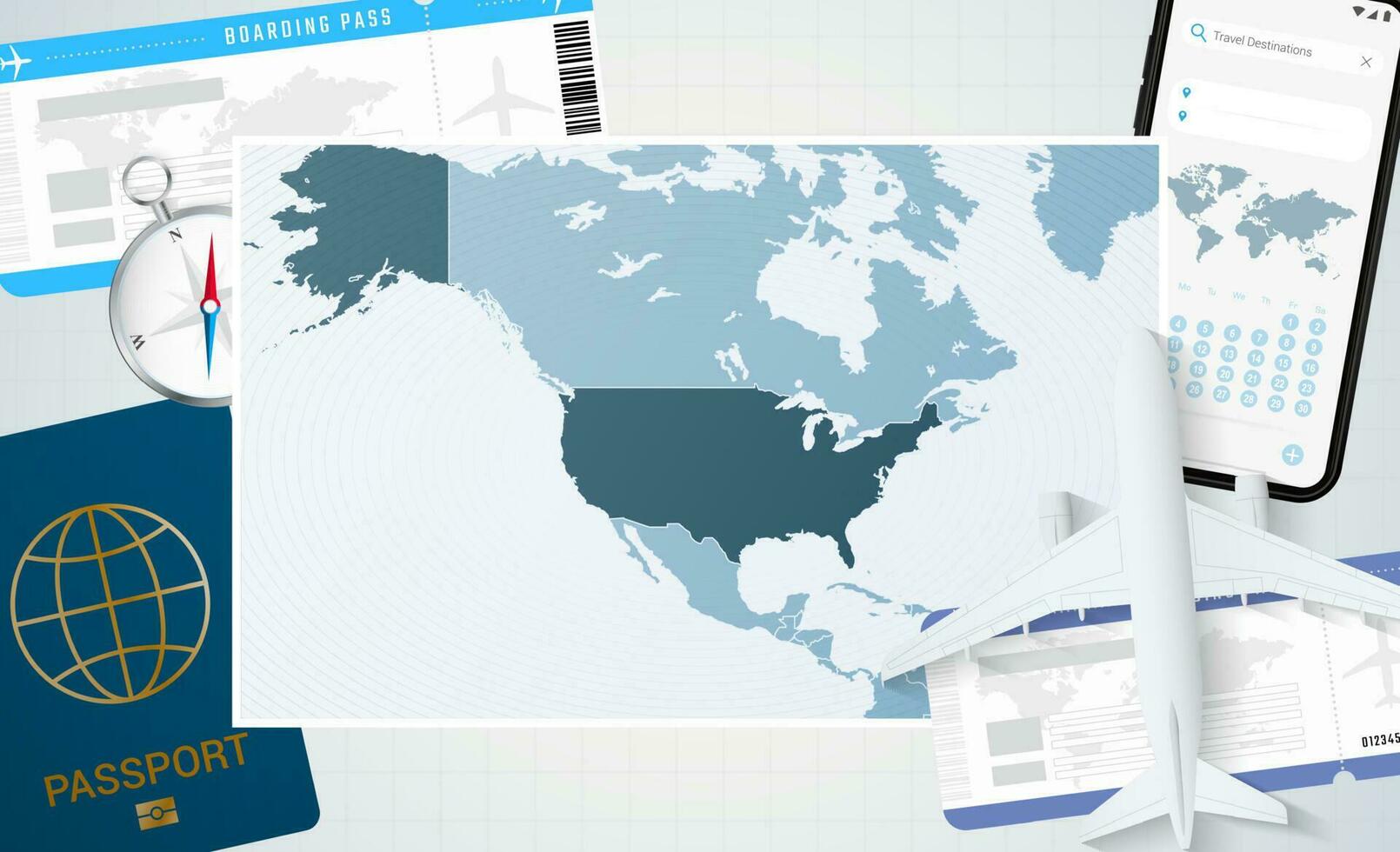 Journey to USA, illustration with a map of USA. Background with airplane, cell phone, passport, compass and tickets. vector