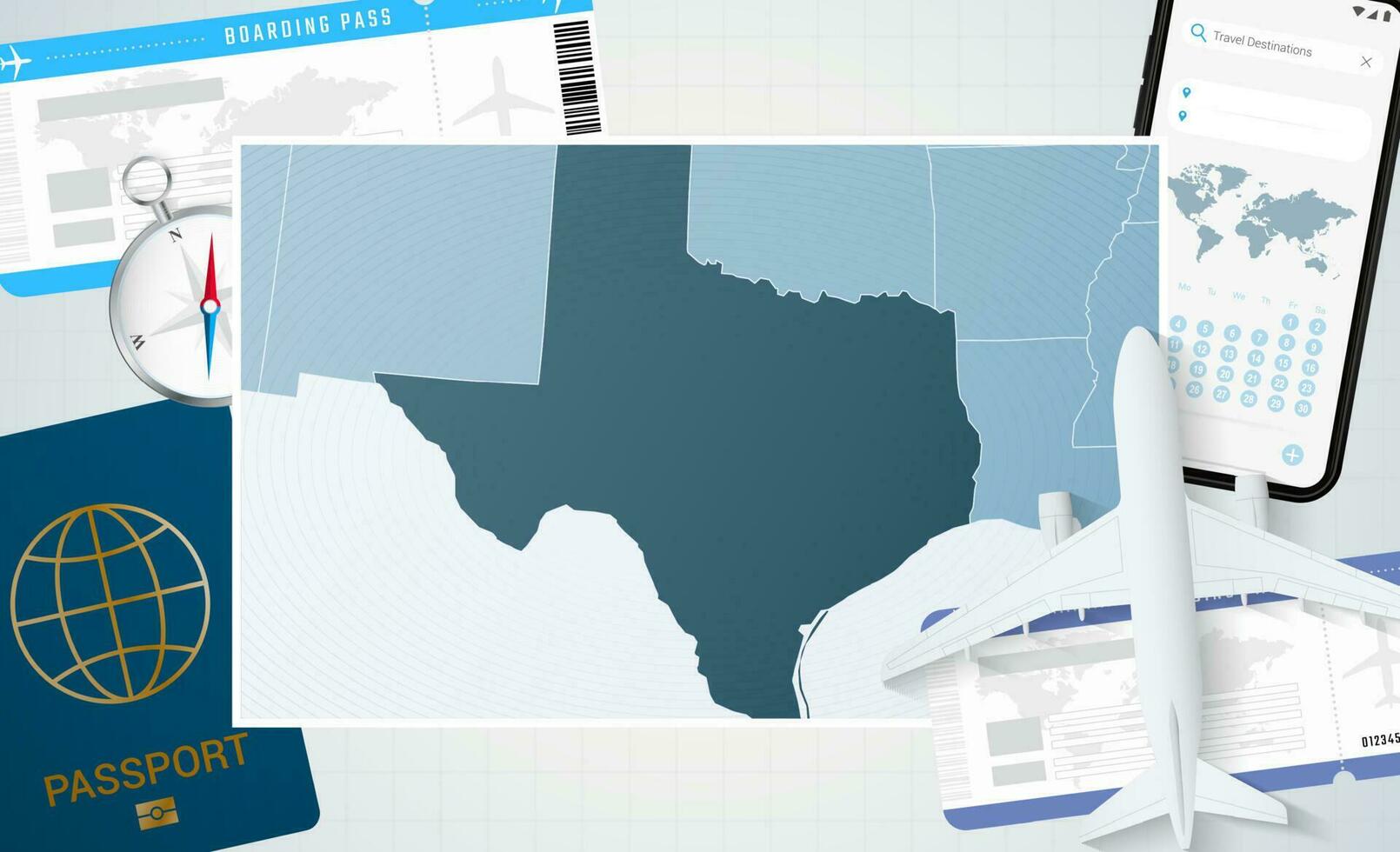 viaje a Texas, ilustración con un mapa de Texas. antecedentes con avión, célula teléfono, pasaporte, Brújula y Entradas. vector