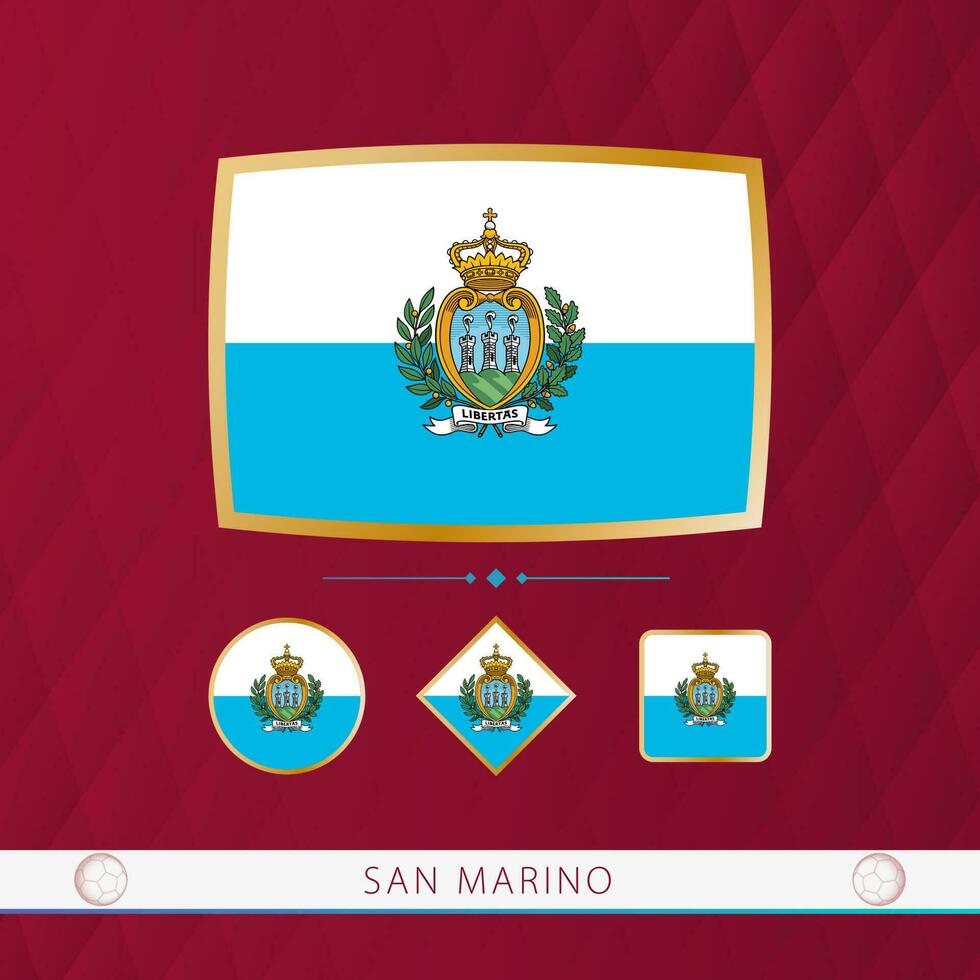 conjunto de san marino banderas con oro marco para utilizar a deportivo eventos en un borgoña resumen antecedentes. vector