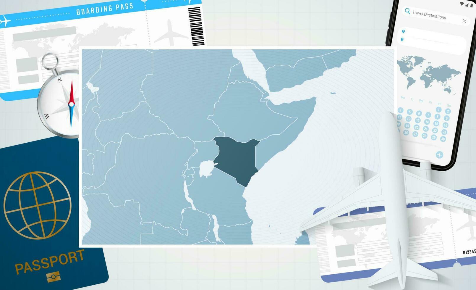Journey to Kenya, illustration with a map of Kenya. Background with airplane, cell phone, passport, compass and tickets. vector