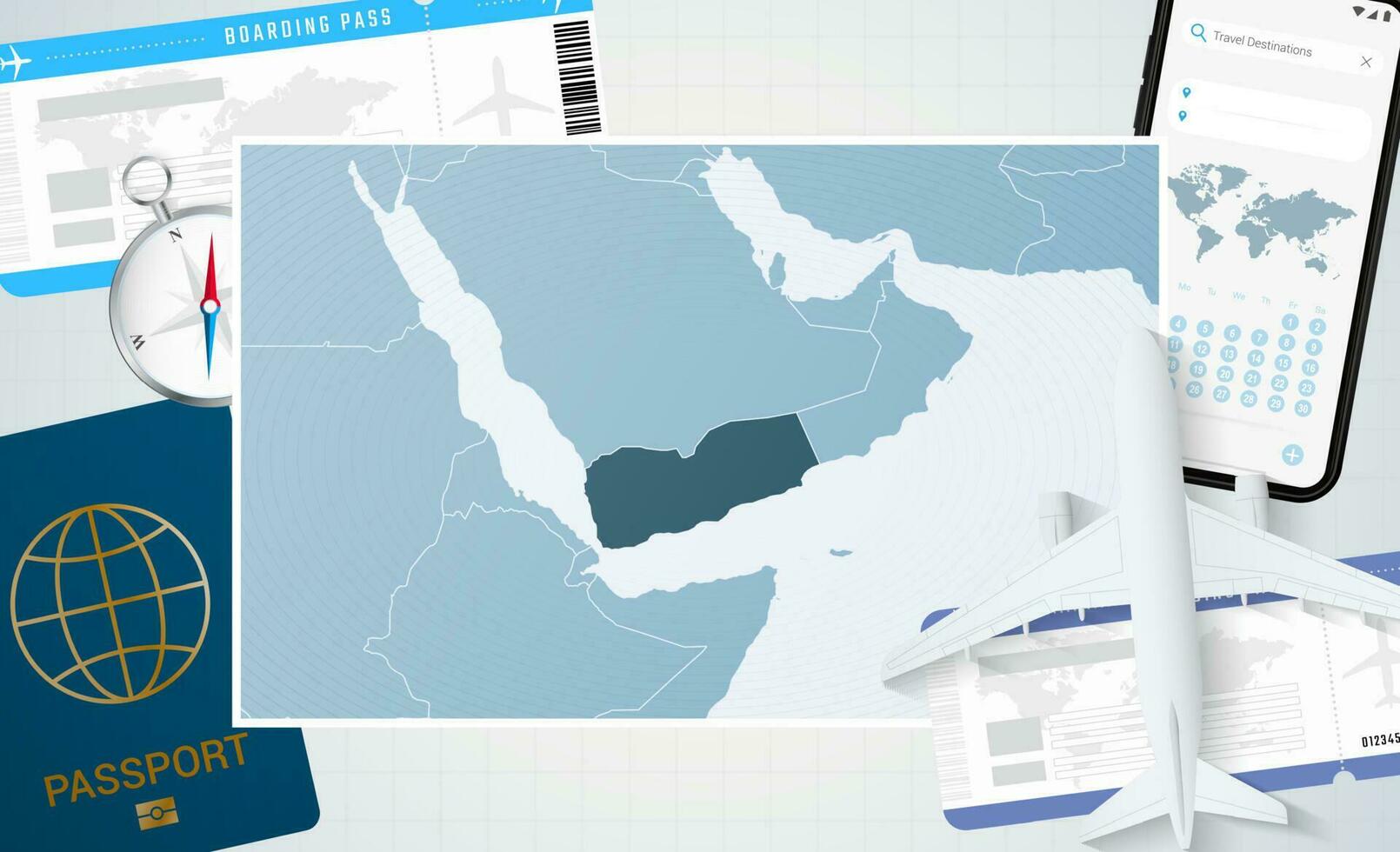 Journey to Yemen, illustration with a map of Yemen. Background with airplane, cell phone, passport, compass and tickets. vector