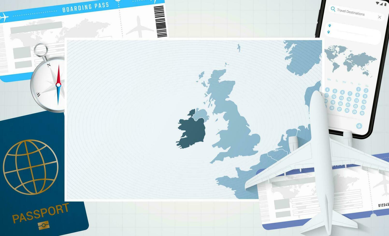 viaje a Irlanda, ilustración con un mapa de Irlanda. antecedentes con avión, célula teléfono, pasaporte, Brújula y Entradas. vector