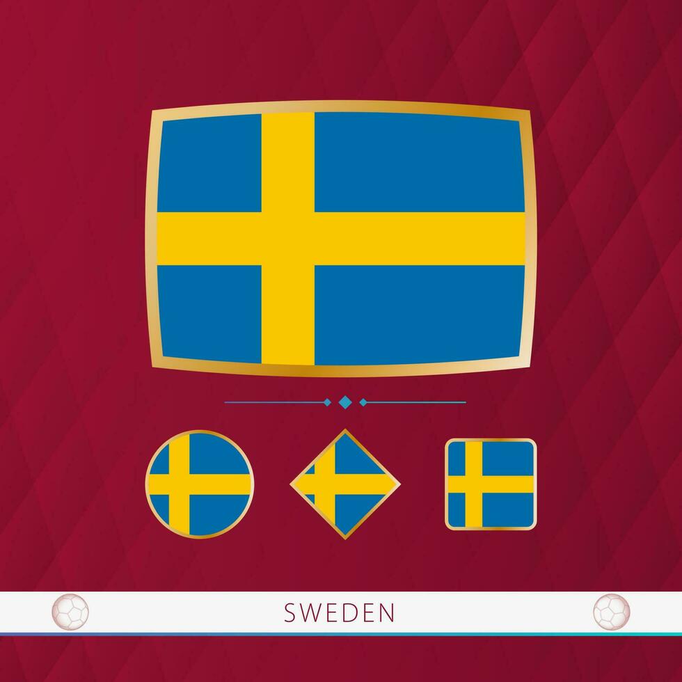 Set of Sweden flags with gold frame for use at sporting events on a burgundy abstract background. vector