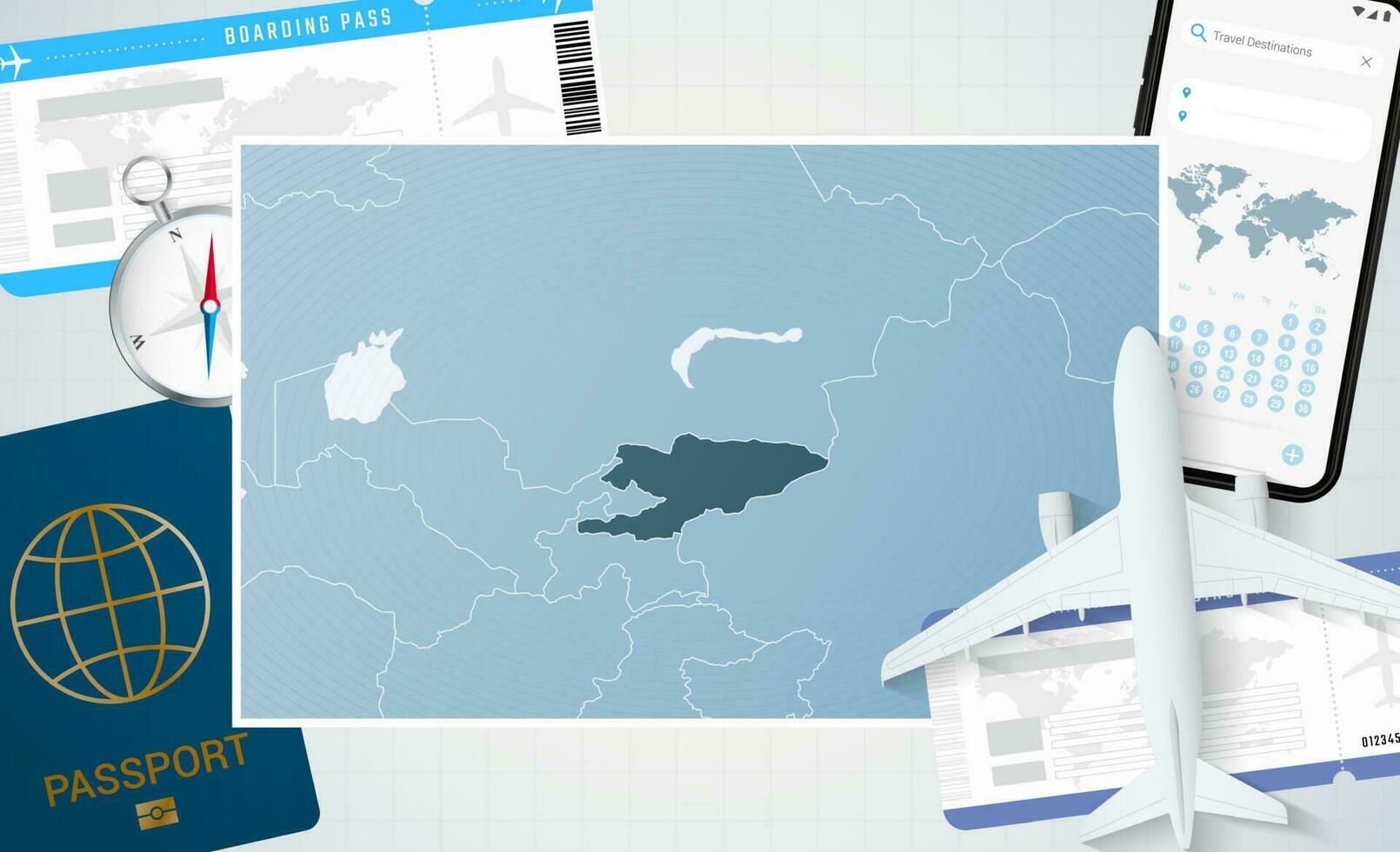 viaje a Kirguistán, ilustración con un mapa de Kirguistán. antecedentes con avión, célula teléfono, pasaporte, Brújula y Entradas. vector