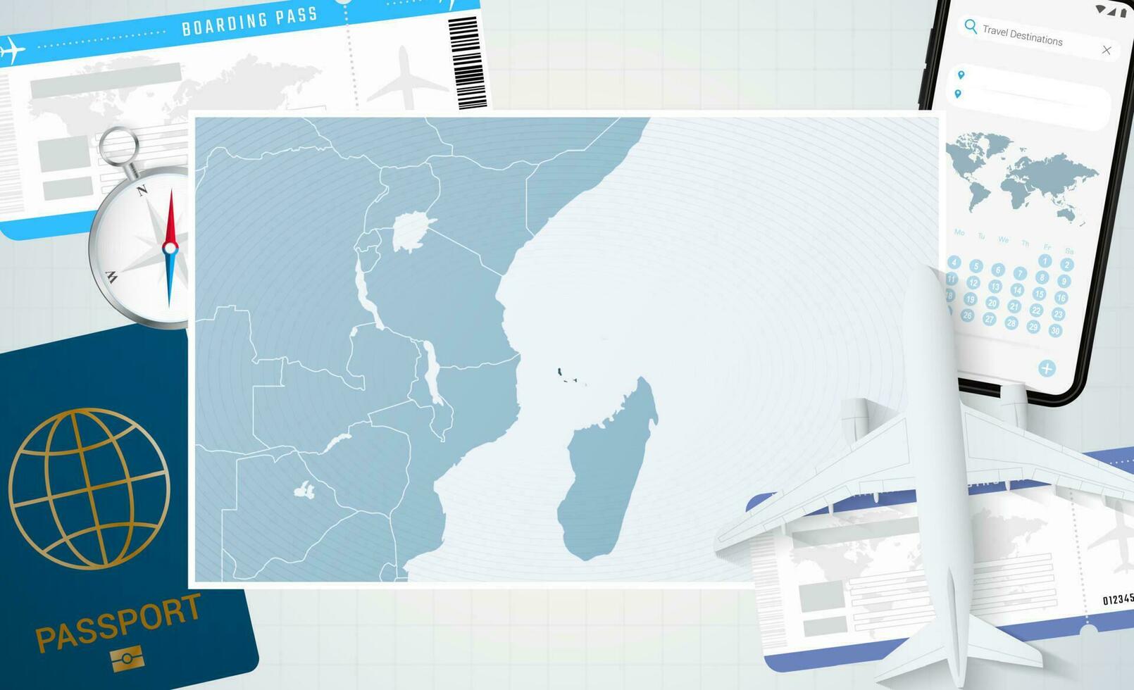 Journey to Comoros, illustration with a map of Comoros. Background with airplane, cell phone, passport, compass and tickets. vector