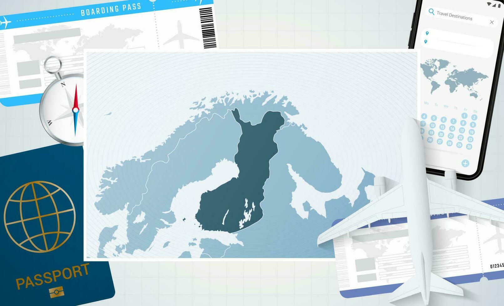 viaje a Finlandia, ilustración con un mapa de Finlandia. antecedentes con avión, célula teléfono, pasaporte, Brújula y Entradas. vector