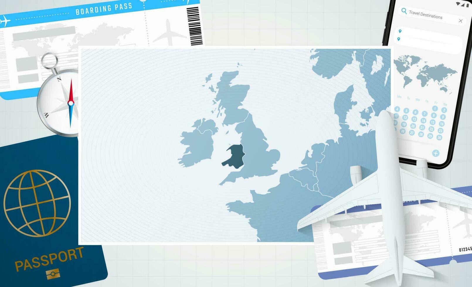 Journey to Wales, illustration with a map of Wales. Background with airplane, cell phone, passport, compass and tickets. vector