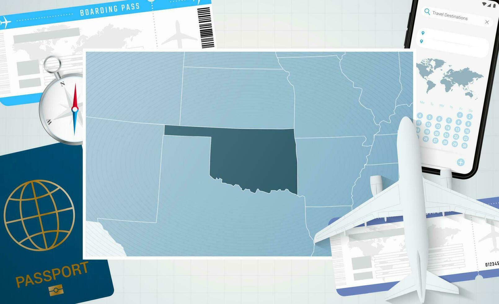 viaje a Oklahoma, ilustración con un mapa de Oklahoma. antecedentes con avión, célula teléfono, pasaporte, Brújula y Entradas. vector