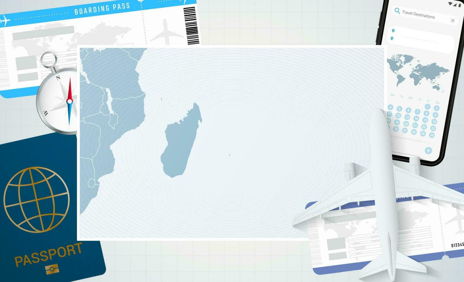 Journey to Mauritius, illustration with a map of Mauritius. Background with airplane, cell phone, passport, compass and tickets. vector