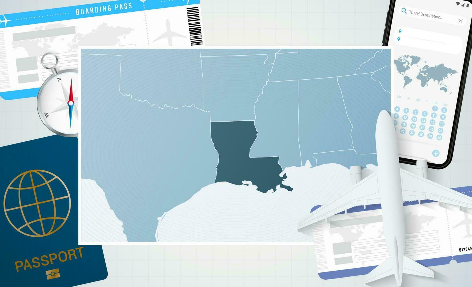 viaje a Luisiana, ilustración con un mapa de Luisiana. antecedentes con avión, célula teléfono, pasaporte, Brújula y Entradas. vector