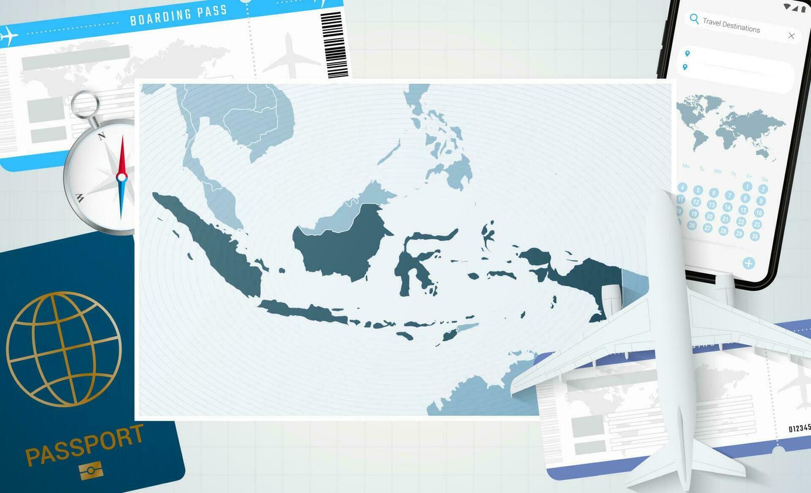 Journey to Indonesia, illustration with a map of Indonesia. Background with airplane, cell phone, passport, compass and tickets. vector