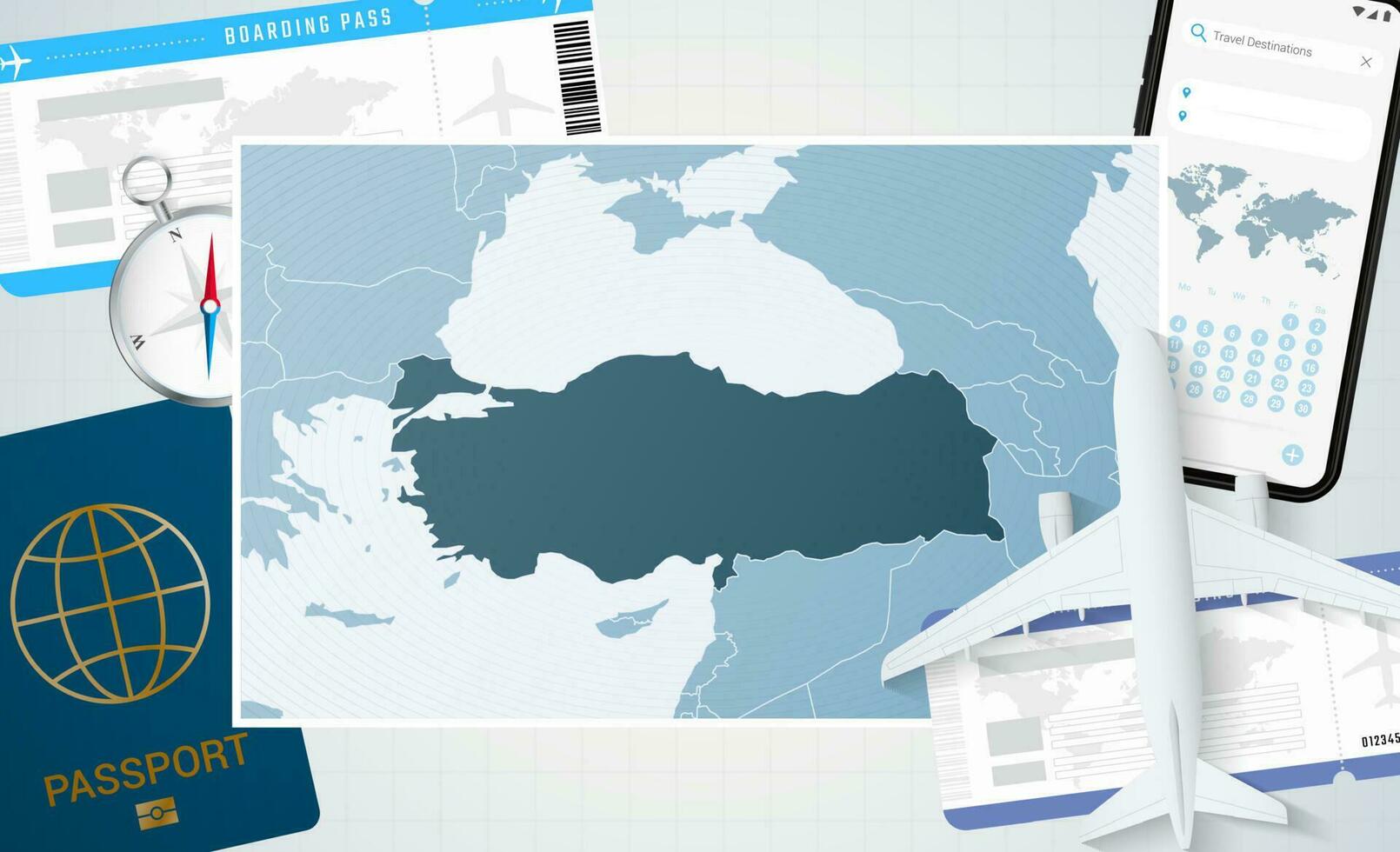 viaje a pavo, ilustración con un mapa de pavo. antecedentes con avión, célula teléfono, pasaporte, Brújula y Entradas. vector