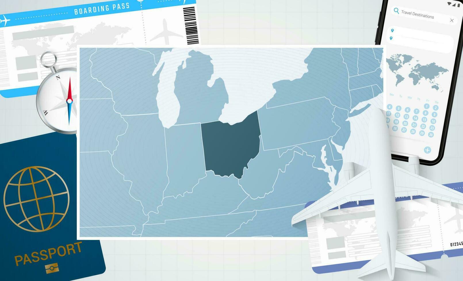 viaje a Ohio, ilustración con un mapa de Ohio. antecedentes con avión, célula teléfono, pasaporte, Brújula y Entradas. vector