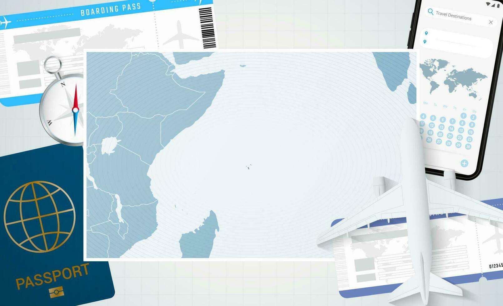 viaje a seychelles, ilustración con un mapa de seychelles antecedentes con avión, célula teléfono, pasaporte, Brújula y Entradas. vector