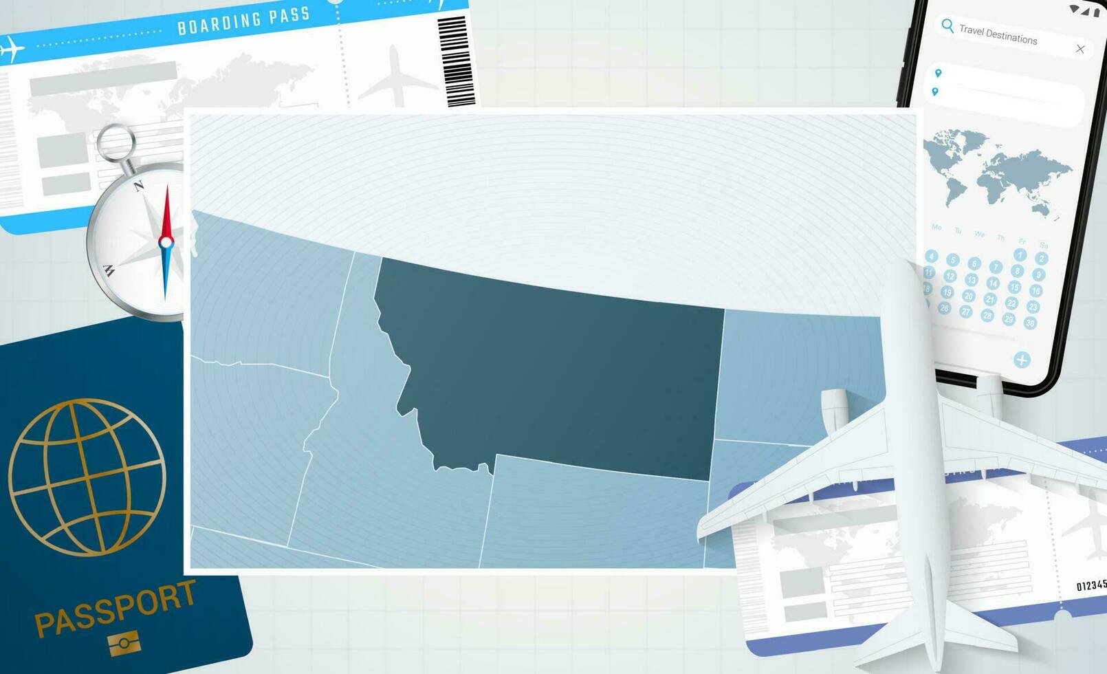 viaje a Montana, ilustración con un mapa de Montana. antecedentes con avión, célula teléfono, pasaporte, Brújula y Entradas. vector