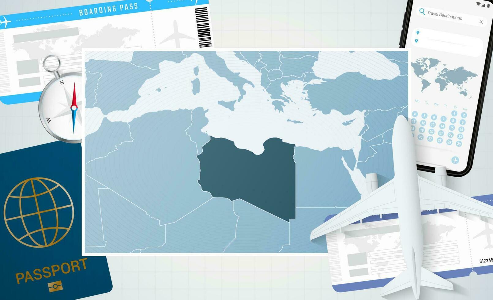 Journey to Libya, illustration with a map of Libya. Background with airplane, cell phone, passport, compass and tickets. vector