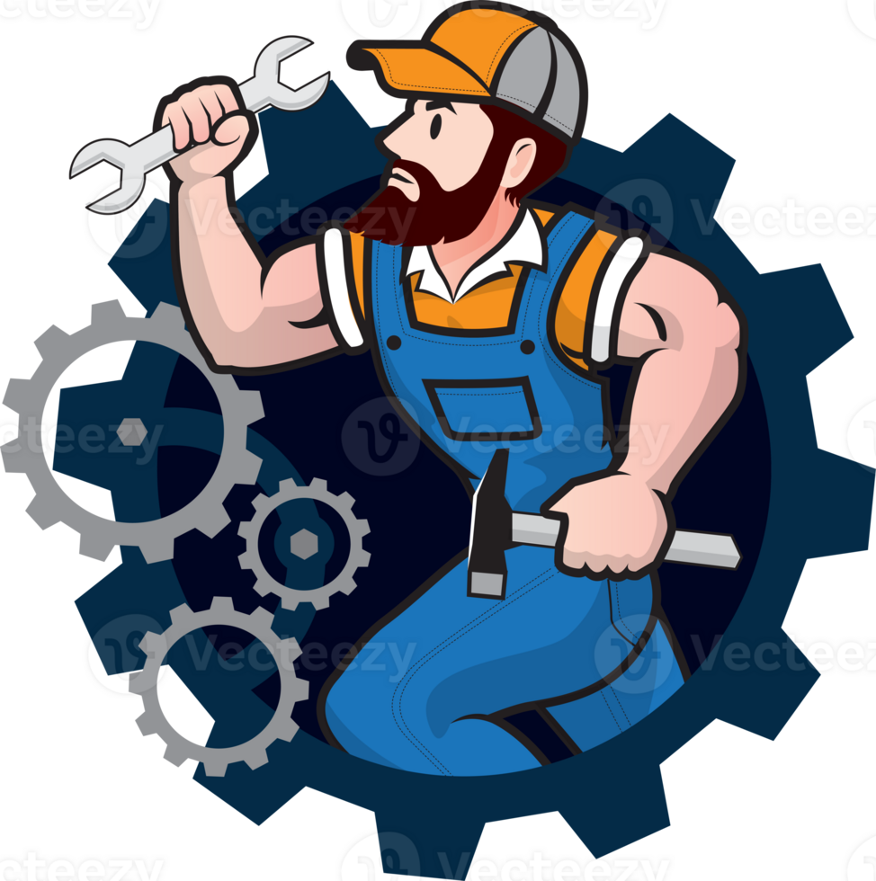 Mechanic Man Logo, Handyman for Service, Repairman or Maintenance Mascot Concept Cartoon Character Design Isolated  Illustration png