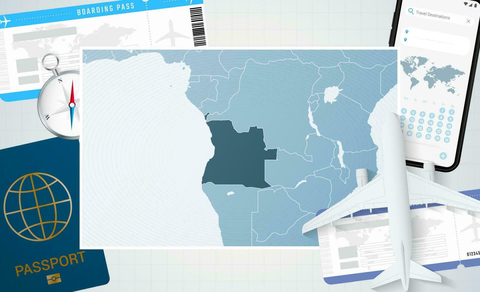 viaje a angola, ilustración con un mapa de angola antecedentes con avión, célula teléfono, pasaporte, Brújula y Entradas. vector